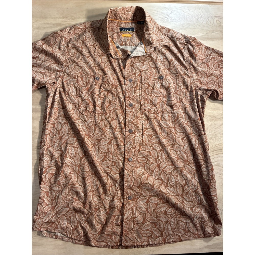 Orvis Men's Active Fit Tan Hawaiian Leaves‎ Short Sleeve Button-Up Shirt M